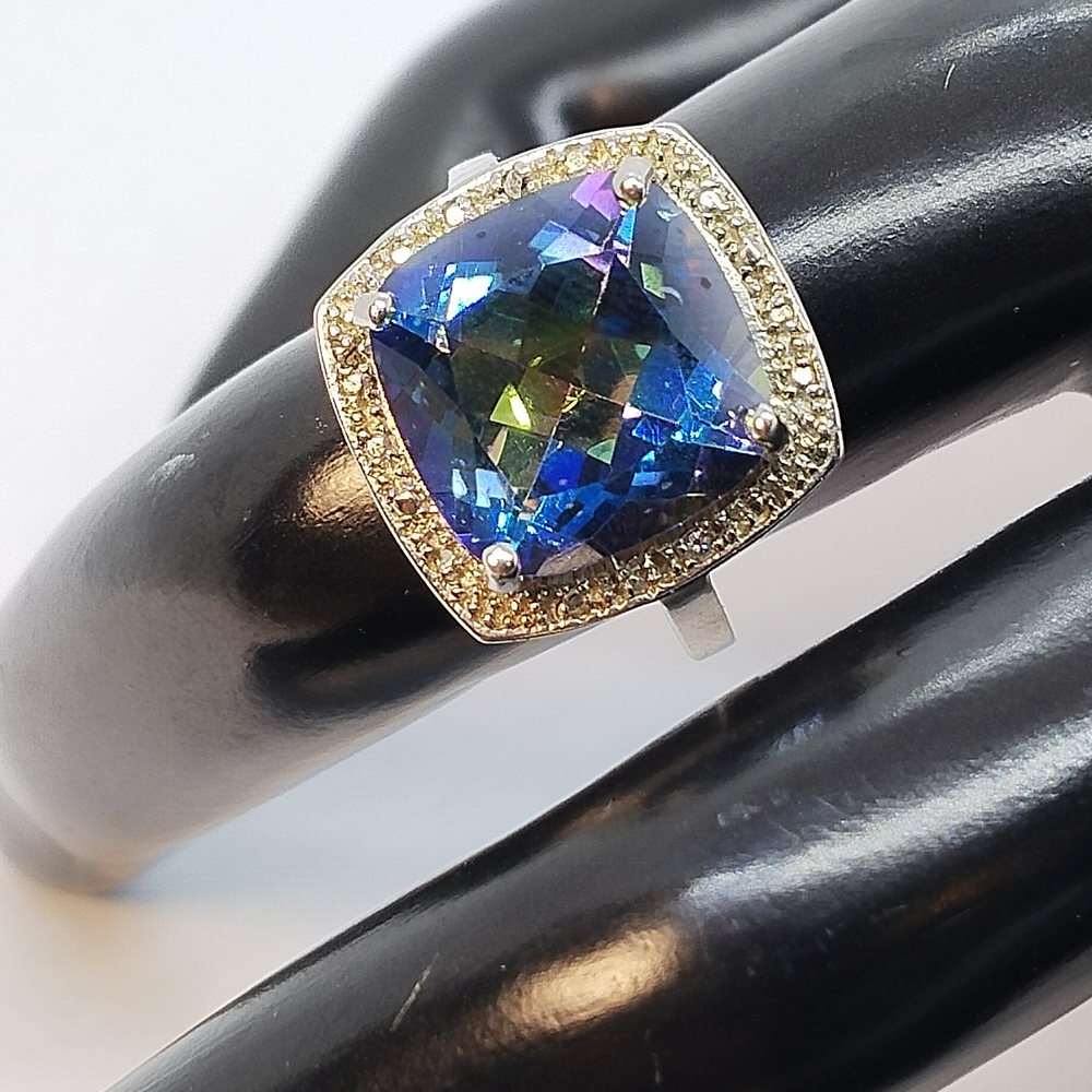 Blue and Silver Cocktail Ring with Halo Design